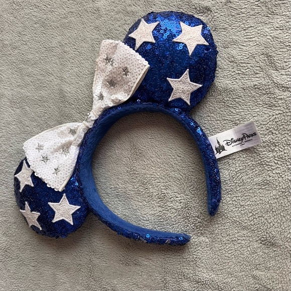 Disney Accessories - Disney Parks Minnie Mouse Mickey Ears Headband Sequin Stars Blue White Silver